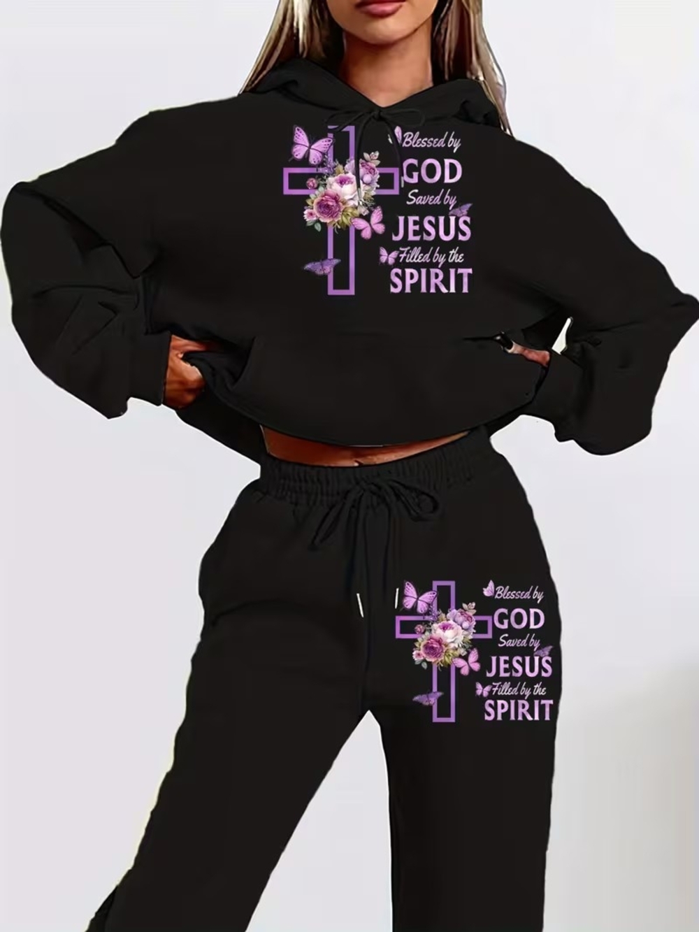 Black & Purple Christian Scripture Cross Graphic Hoodie & Jogger Set